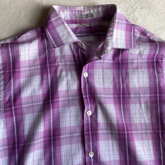 Classic Style: Van Heusen Fitted Purple & White Plaid Shirt - Size‎ 14 1/2 - Picture 4 of 5